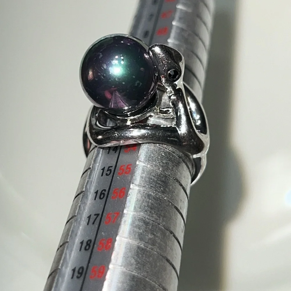 Vintage Silver Snake Swallowing Black Pearl  Ring Sz 6.5 EUC